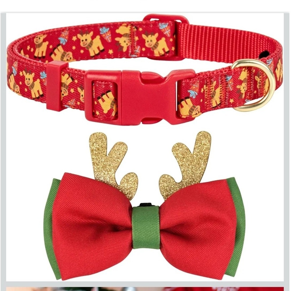 Christmas Reindeer Dog Collar with Removable Bowtie Glitter Antlers Red Green XS